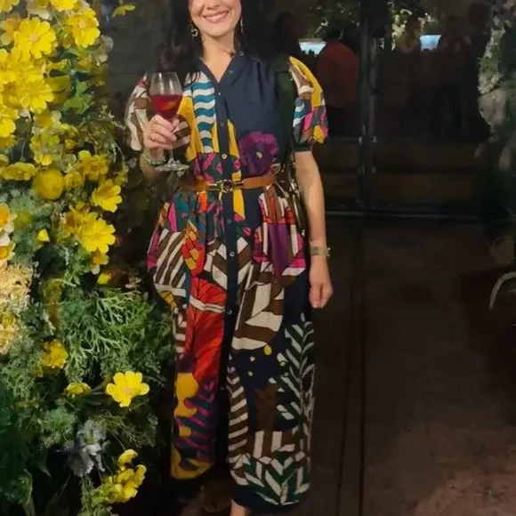 Carolina K Retro Mod Muumuu Midi Dress XS Artsy Kaftan Vacation Designer $425 - Picture 8 of 13